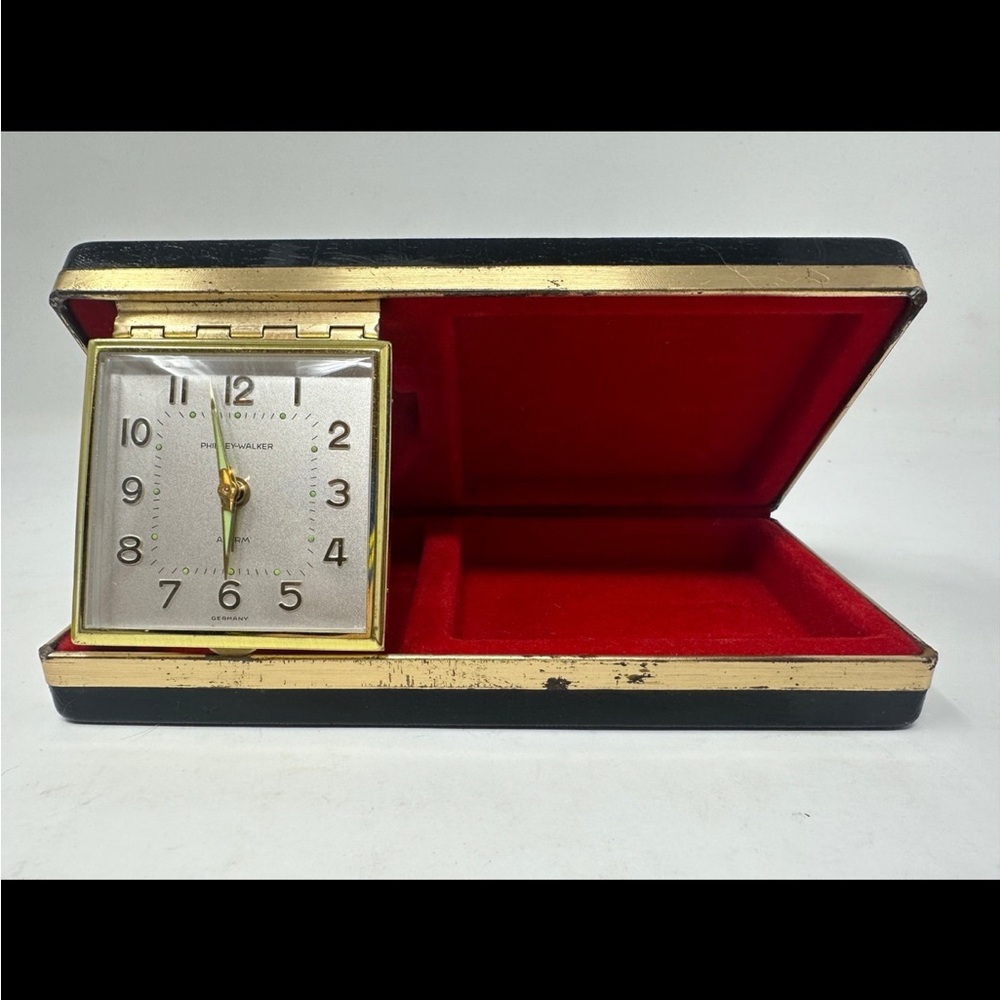 Vintage Phinney Walker Wind Up Alarm Clock In Valet leather Case GERMANY 1960s